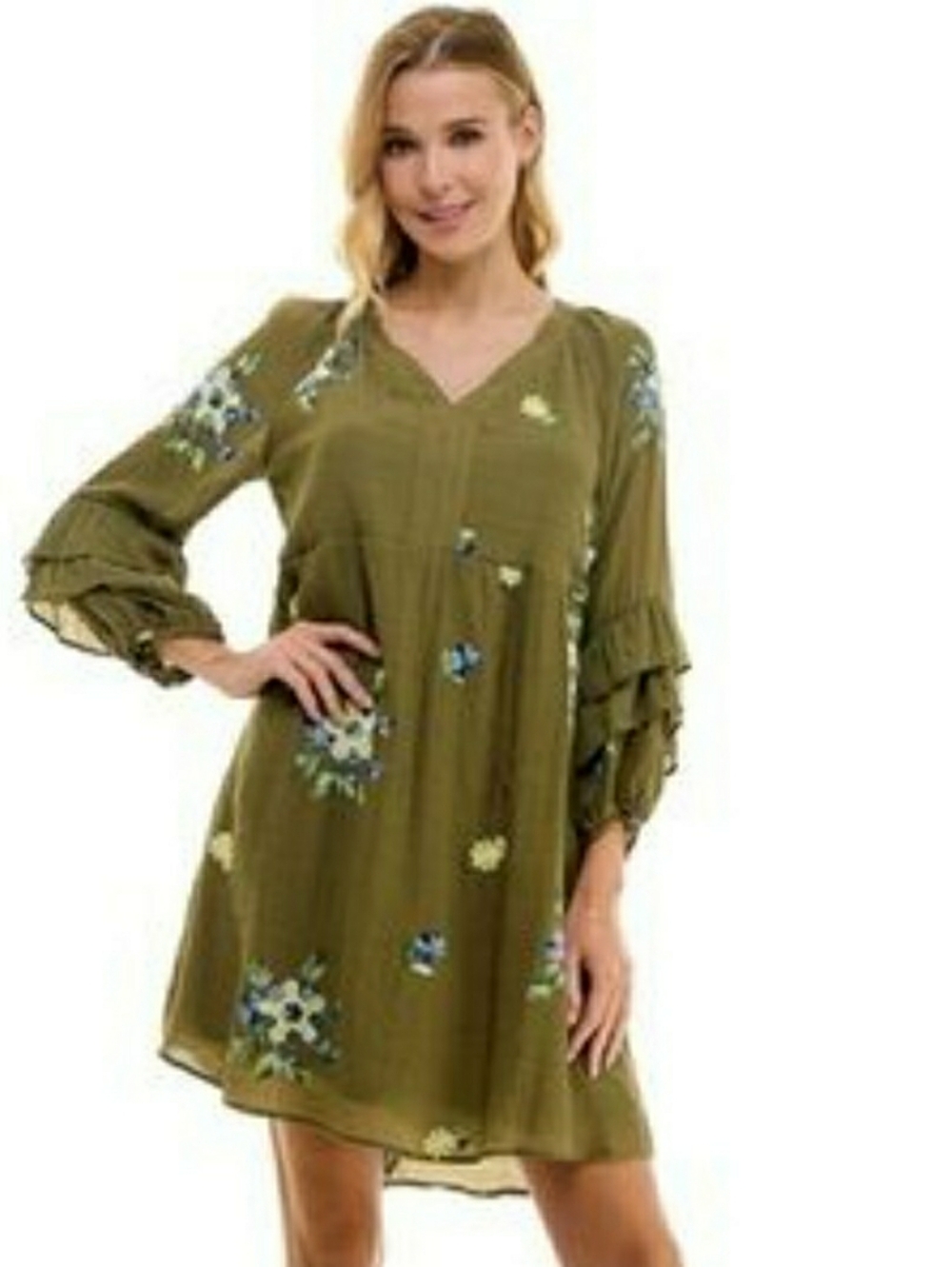 fig and flower Olive Green Embroidered Ruffled Tunic Dress Boho Festival PMedium
